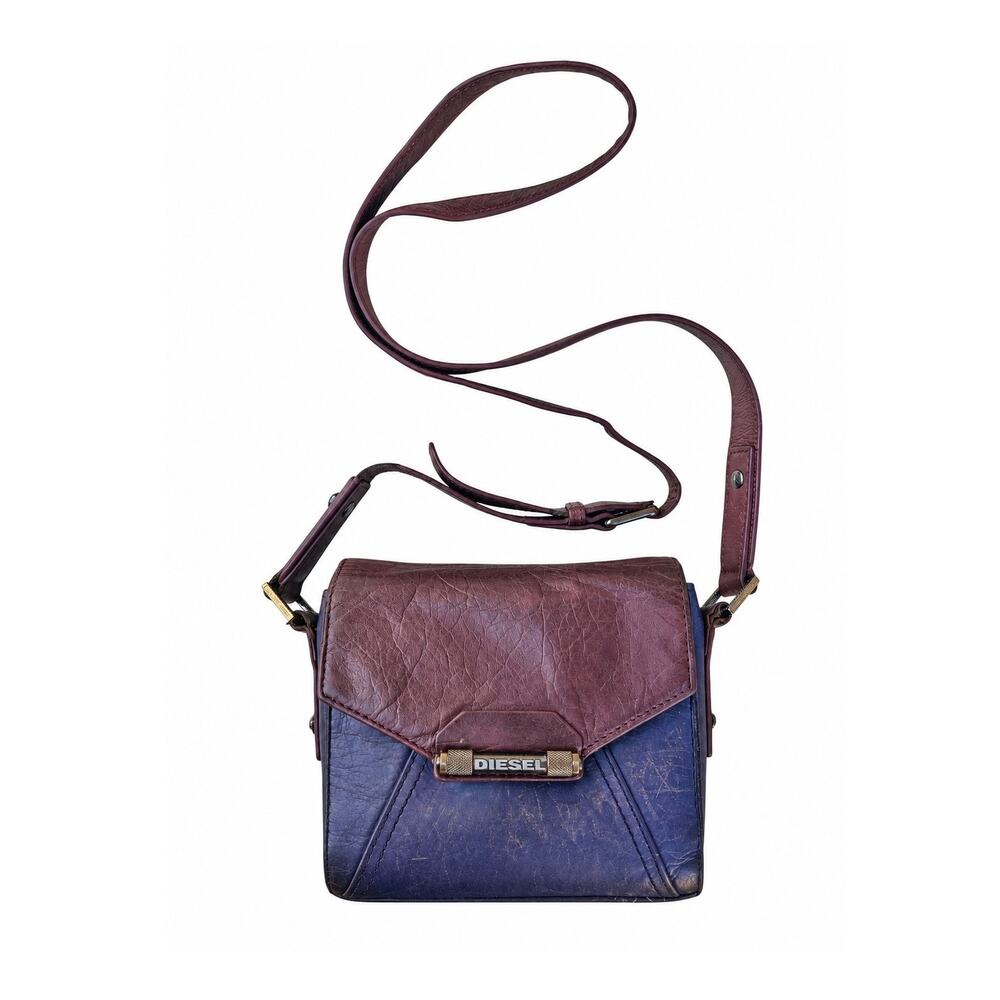 Vintage Y2K Diesel Blue Aubergine Leather Crossbody Bag Industrial Logo Hardware